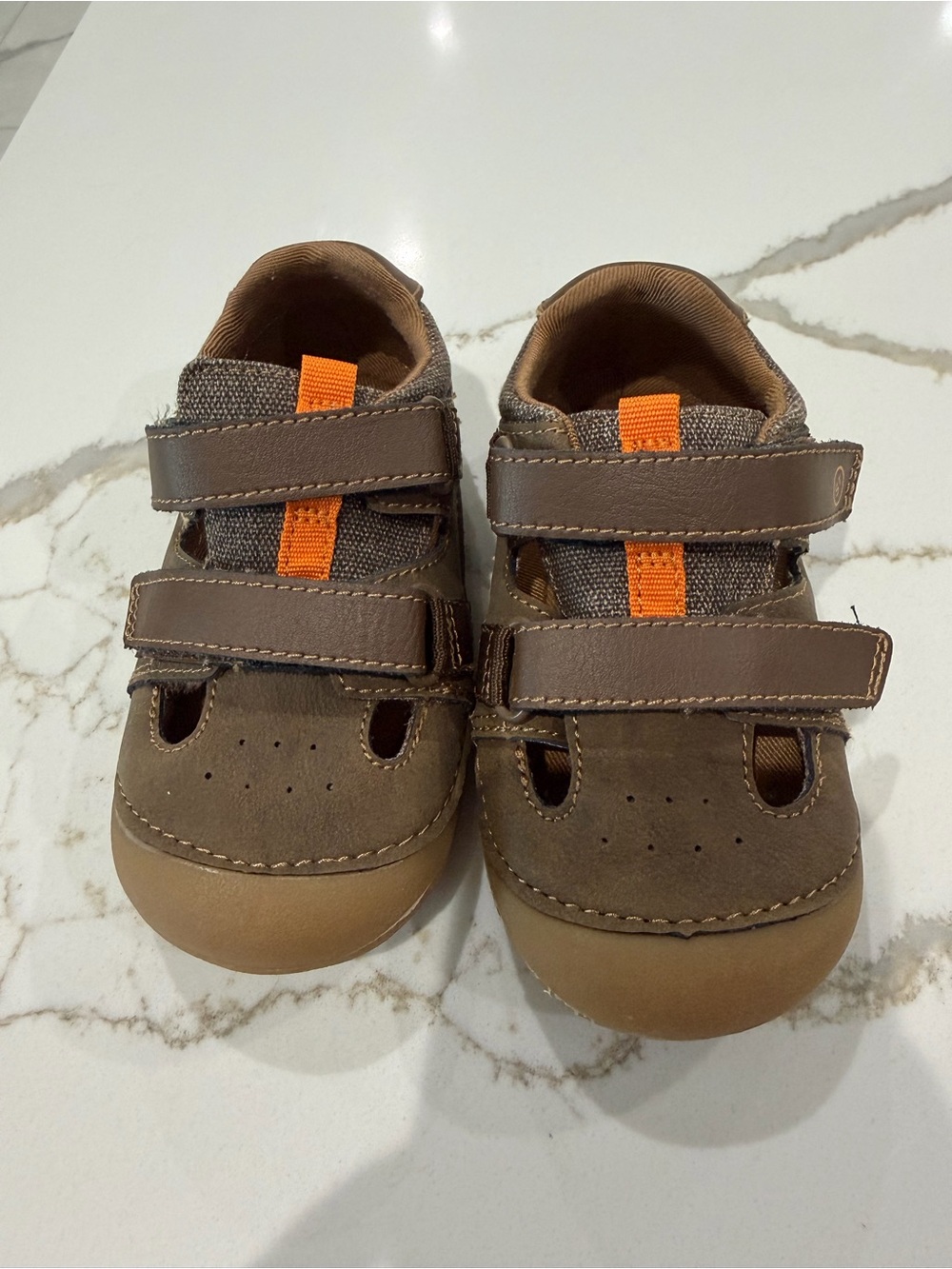 Kids Brown Leather Strap Shoes with Orange Accent